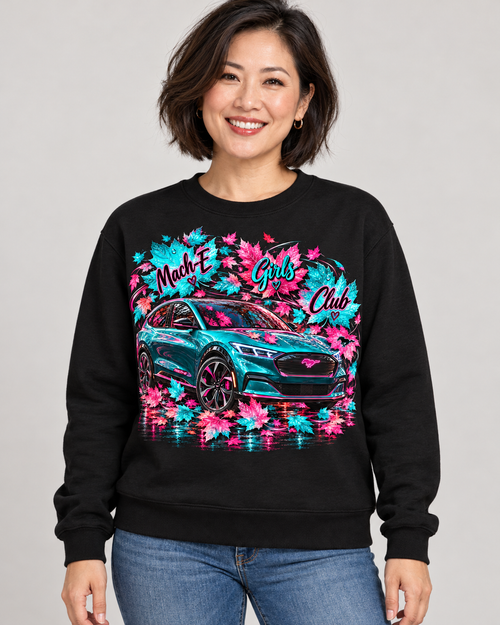 Mach-E Girls Club | Fall Leaves - Teal Car modeled on a woman