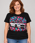 Mach-E Girls Club | Fall Leaves - White Car modeled on a woman