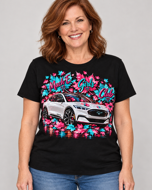 Mach-E Girls Club | Fall Leaves - White Car modeled on a woman