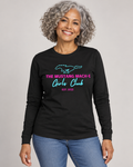 Gray-haired woman modeling the Original Design black long-sleeve shirt
