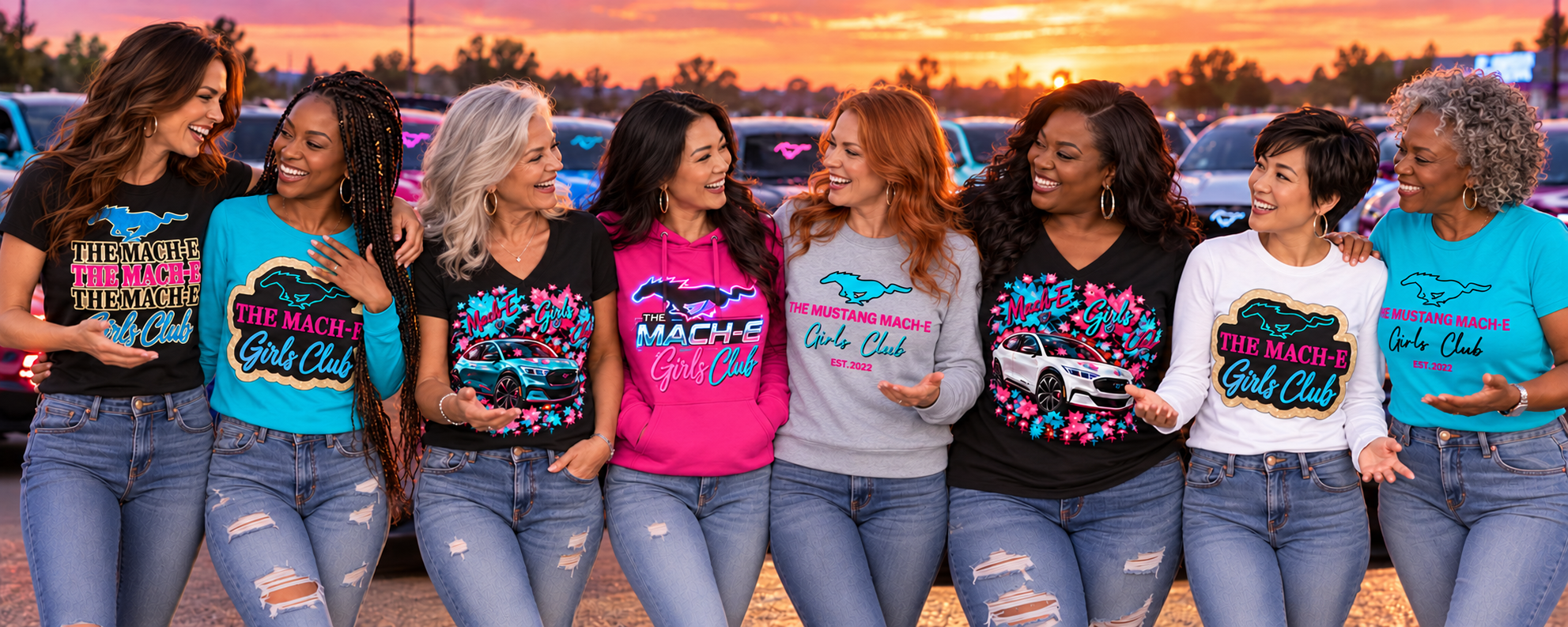 Mach-E Girls Club sisterhood meetup at sunset.